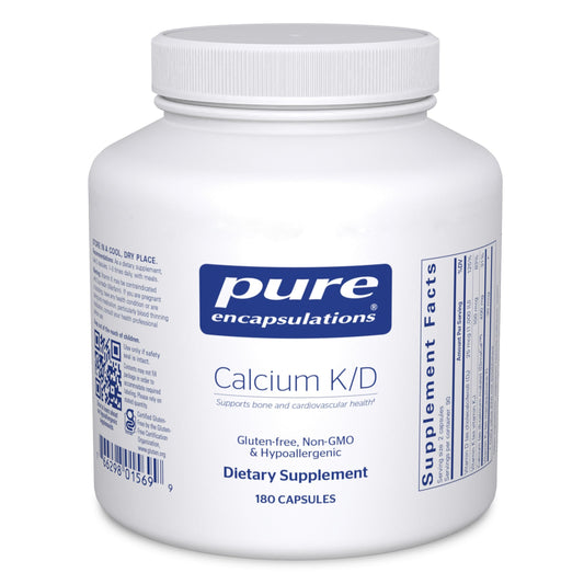 Pure Encapsulations Calcium K/D bottle front highlighting bone health support with vitamins D and K