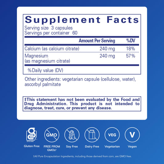 Pure Encapsulations Calcium Magnesium Citrate capsules are easily absorbed to balance minerals