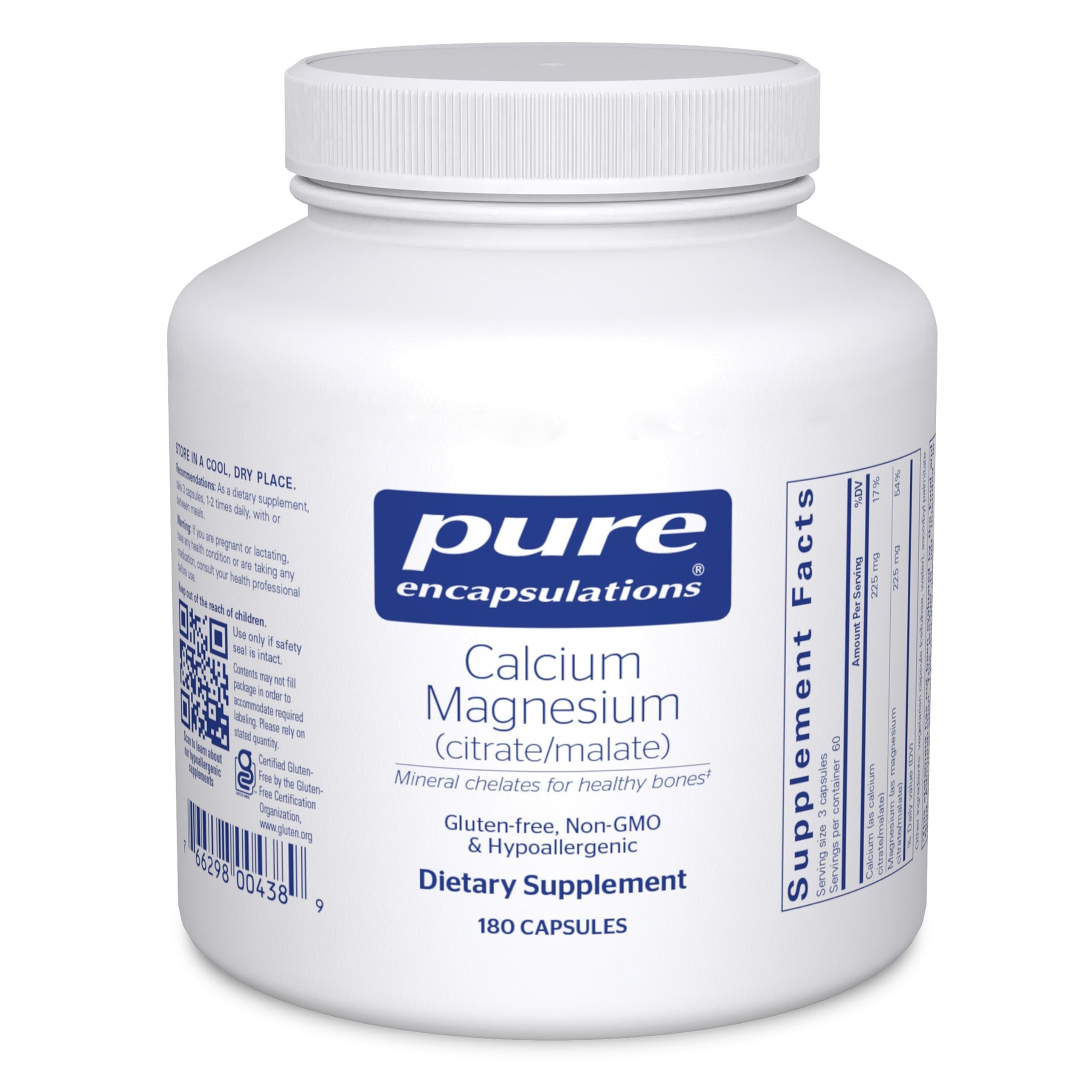 Pure Encapsulations Calcium Magnesium bottle pour highlights balanced minerals for daily support.