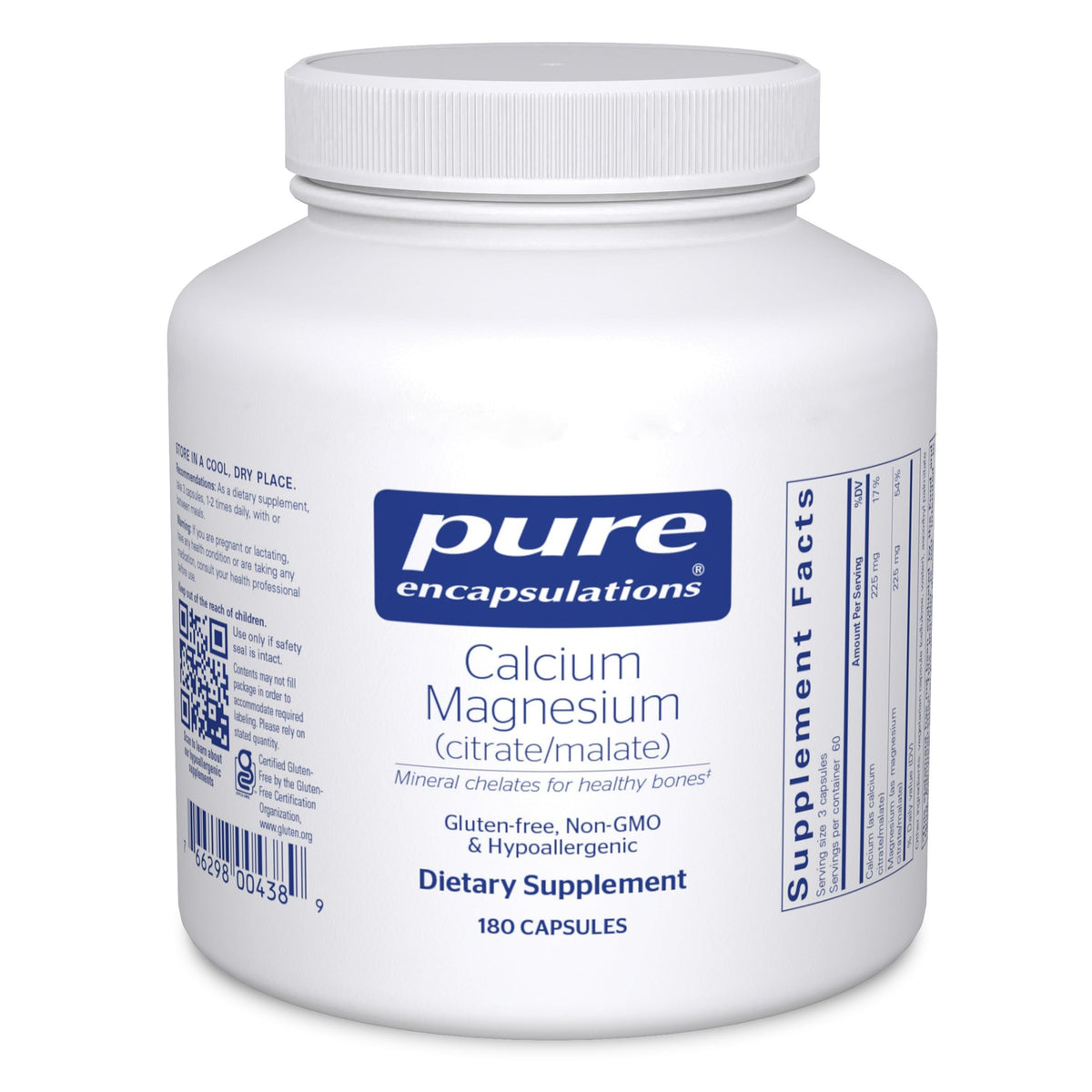 Pure Encapsulations Calcium Magnesium bottle pour highlights balanced minerals for daily support.