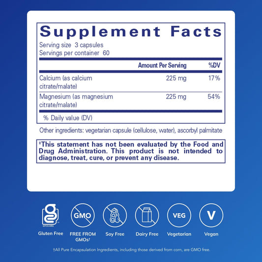 Pure Encapsulations Calcium Magnesium label closeup emphasizes citrate and malate for absorption.