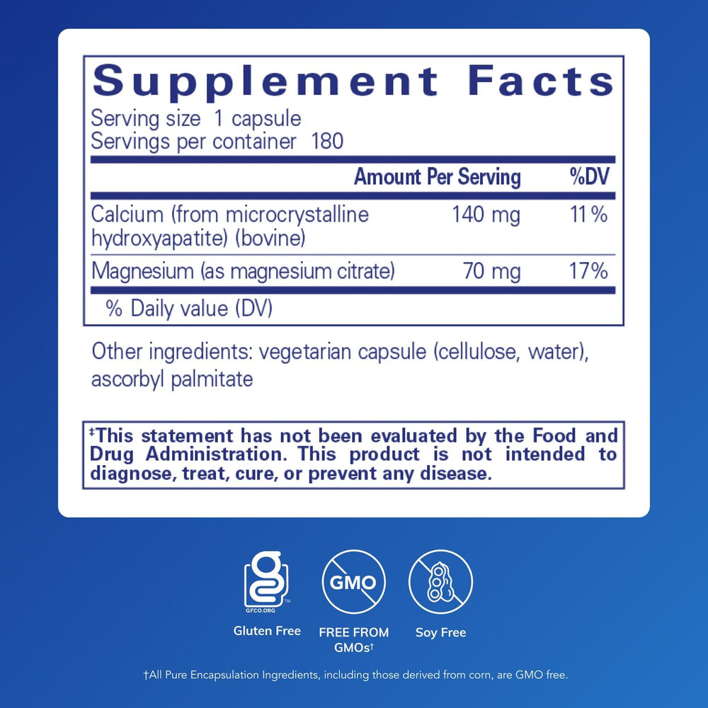 Pure Encapsulations Calcium MCHA label closeup highlighting hypoallergenic formula