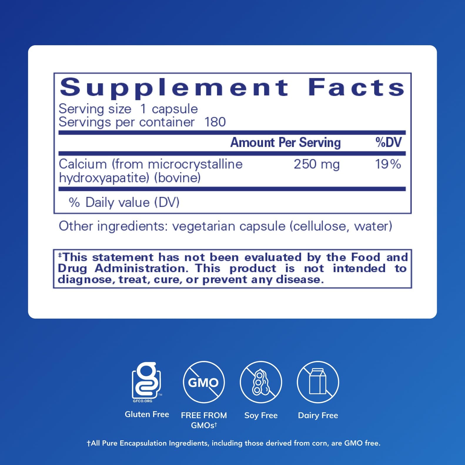 Pure Encapsulations Calcium MCHA tablets close-up showing hypoallergenic capsules.