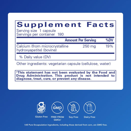 Pure Encapsulations Calcium MCHA tablets close-up showing hypoallergenic capsules.