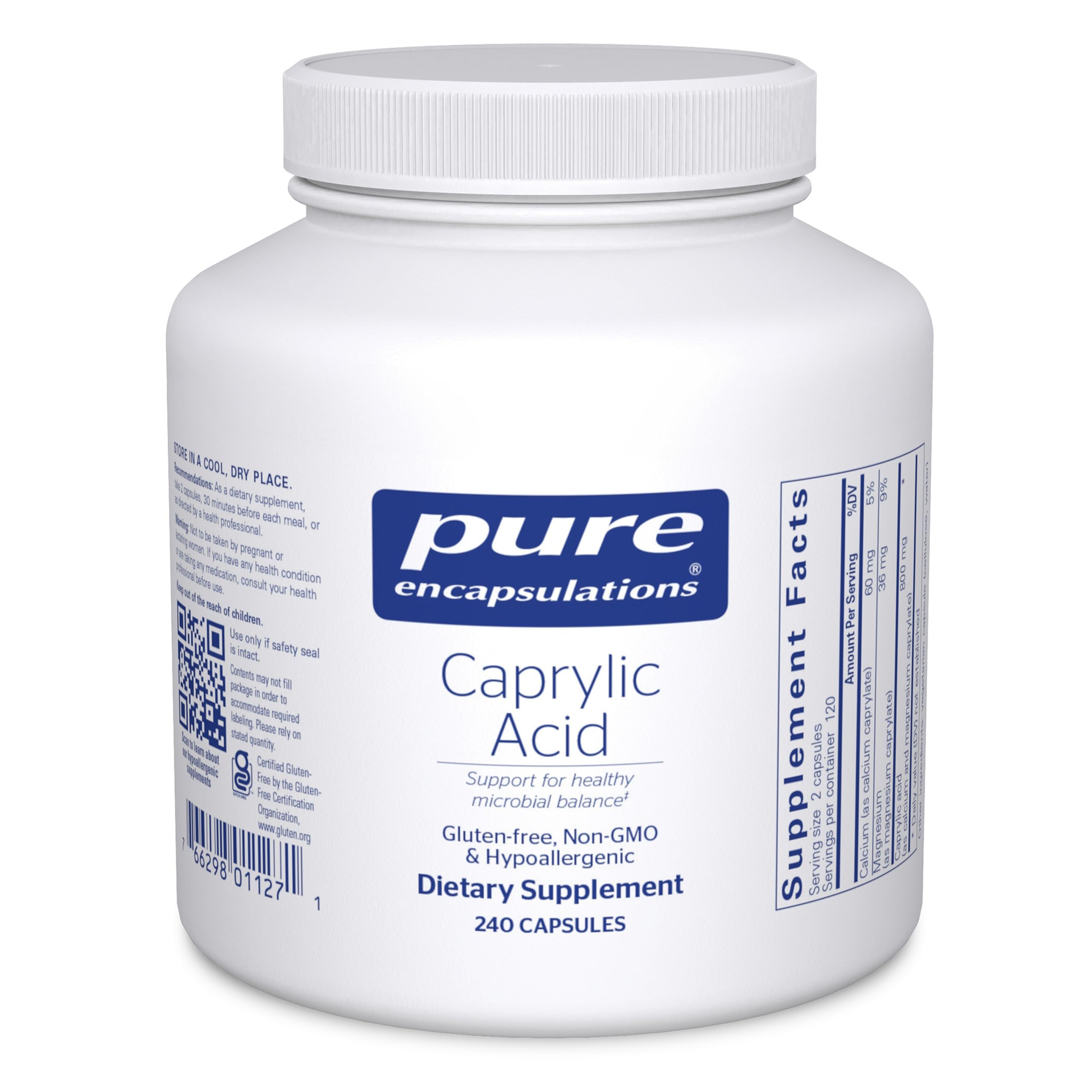 Pure Encapsulations Caprylic Acid bottle front highlighting GI support and trusted formulation