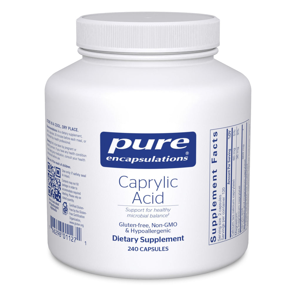 Pure Encapsulations Caprylic Acid bottle front highlighting GI support and trusted formulation