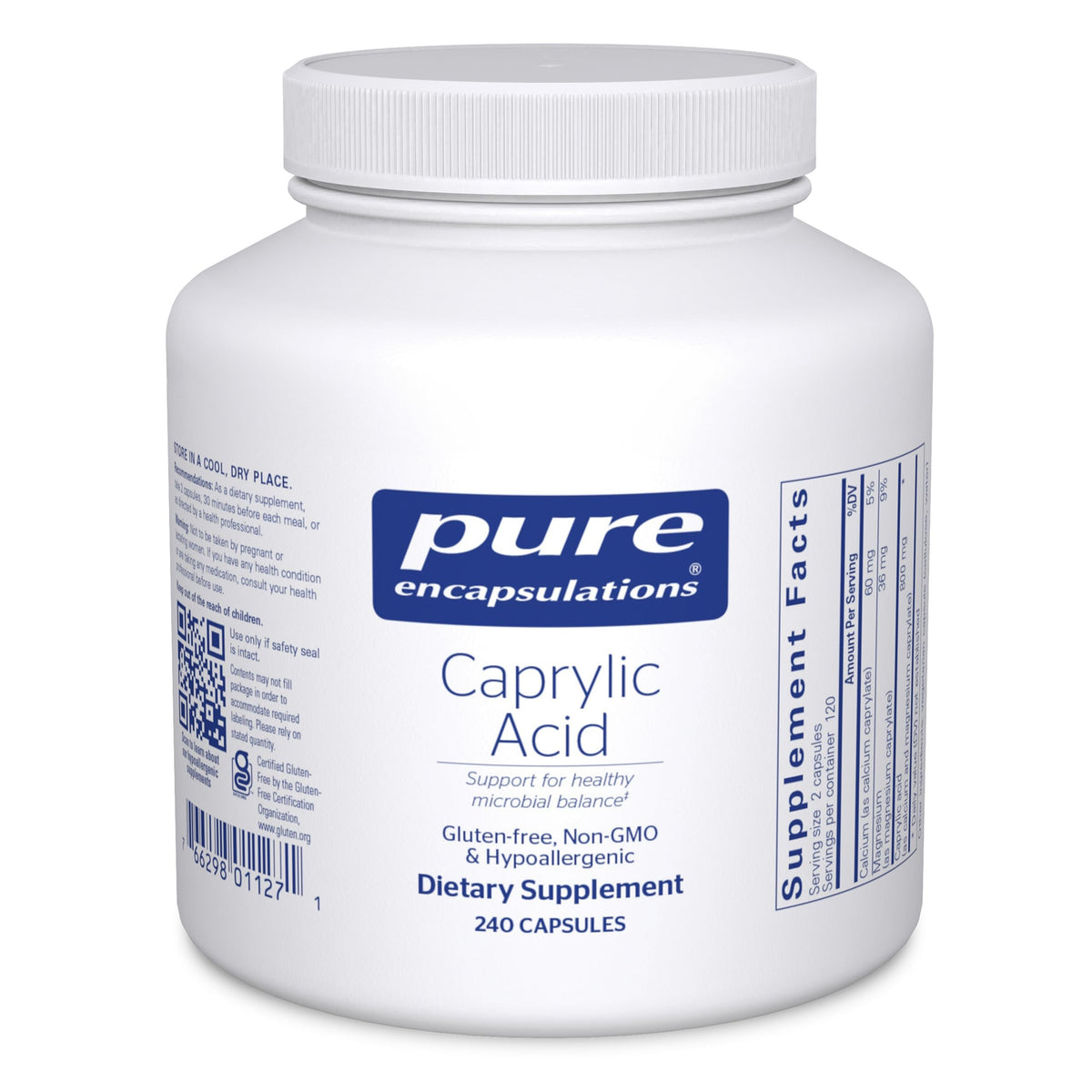 Pure Encapsulations Caprylic Acid bottle front highlighting GI support and trusted formulation