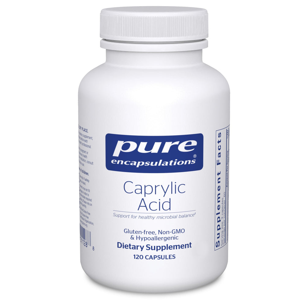 Pure Encapsulations Caprylic Acid bottle showing slow-release capsules for gut support.