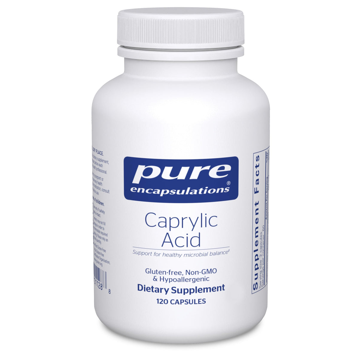 Pure Encapsulations Caprylic Acid bottle showing slow-release capsules for gut support.