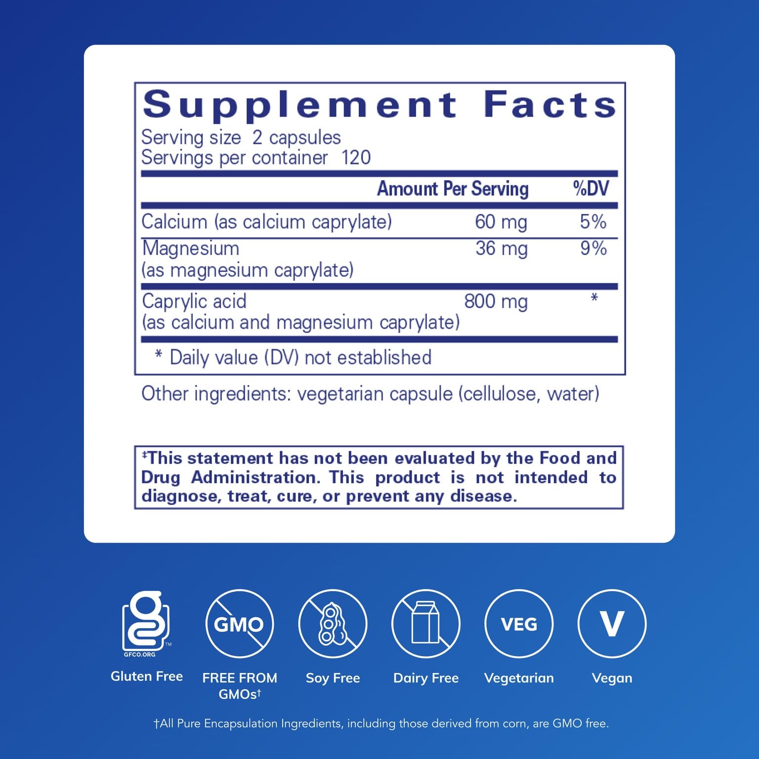 Pure Encapsulations Caprylic Acid capsules closeup showing clean ingredient list