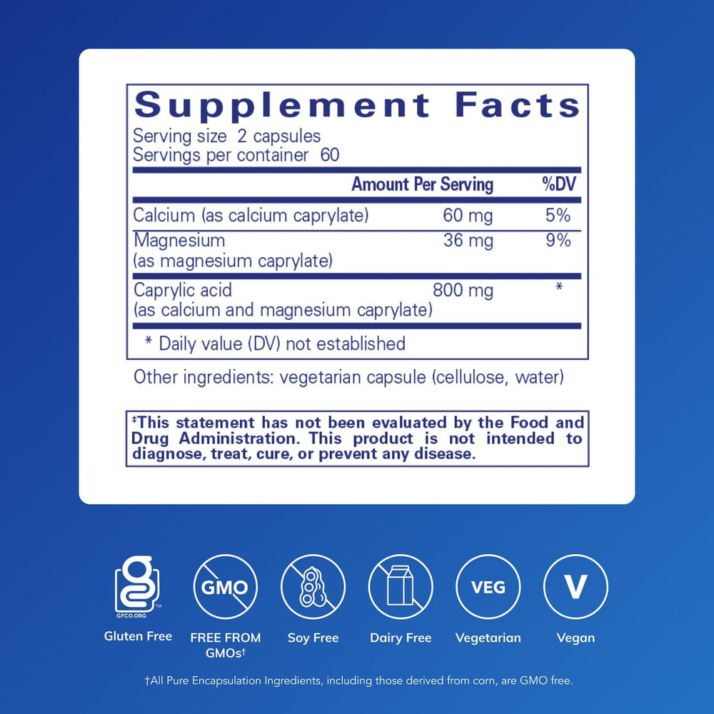 Caprylic Acid capsules close-up highlighting premium supplement for digestive balance.