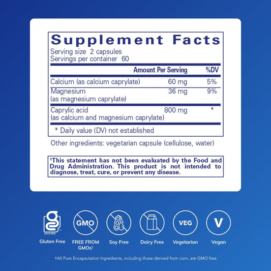 Caprylic Acid capsules close-up highlighting premium supplement for digestive balance.
