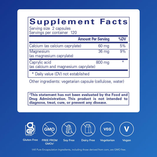 Pure Encapsulations Caprylic Acid capsules closeup showing clean ingredient list