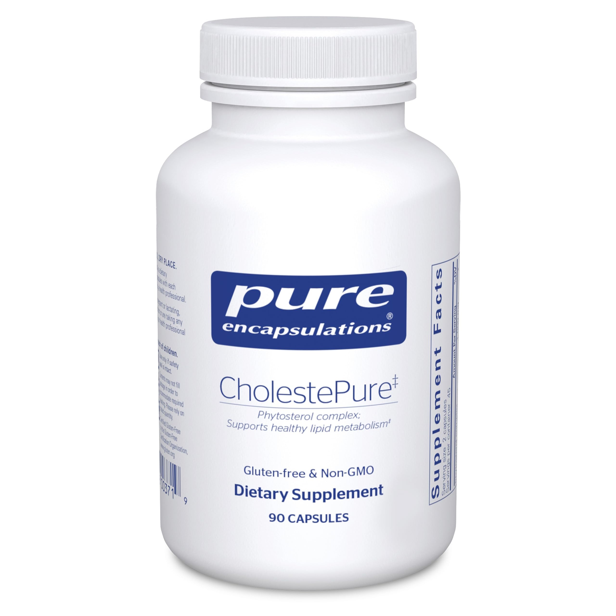 Pure Encapsulations CholestePure bottle closeup suggests potential lipid metabolism support.