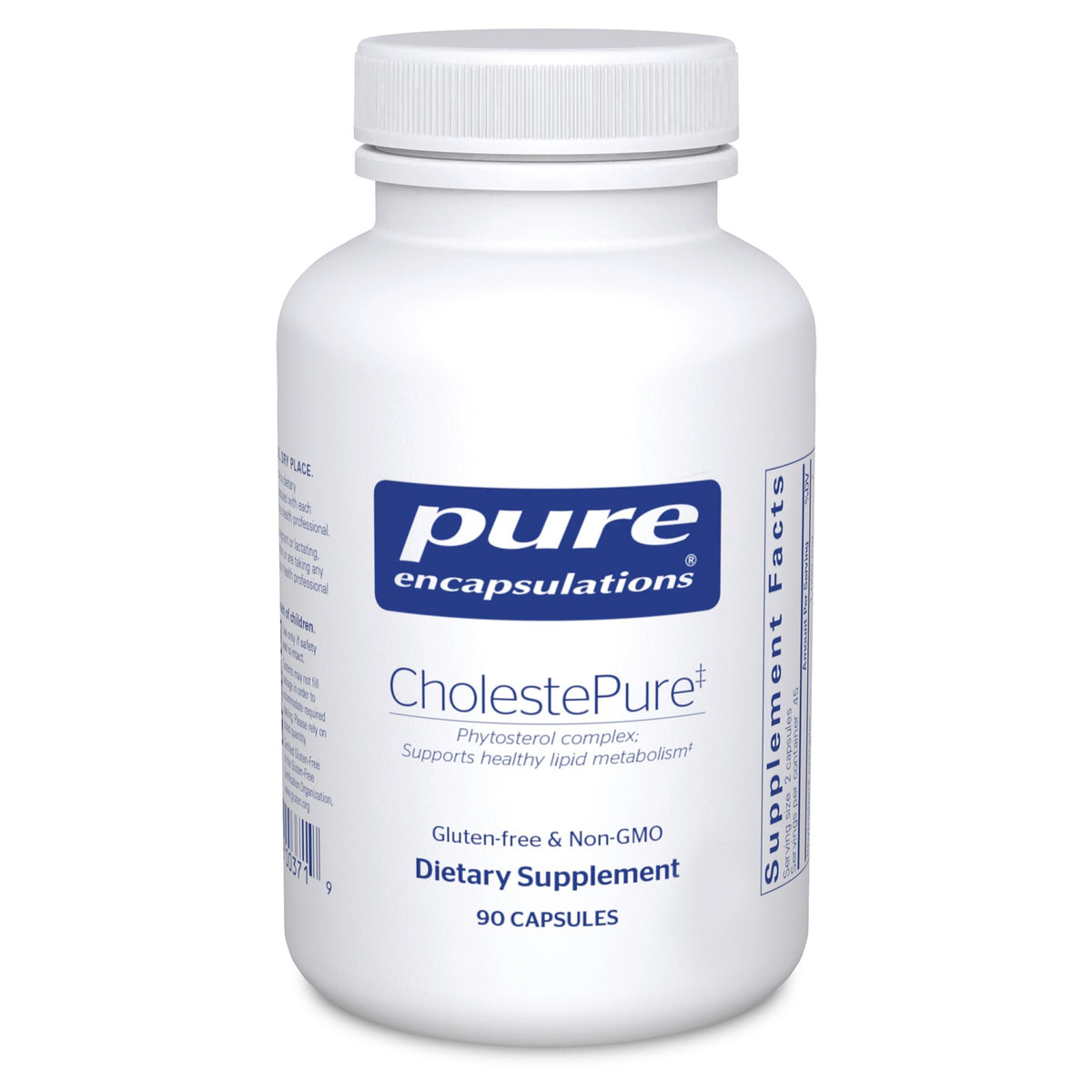 Pure Encapsulations CholestePure bottle closeup suggests potential lipid metabolism support.