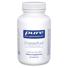 Pure Encapsulations CholestePure bottle closeup suggests potential lipid metabolism support.