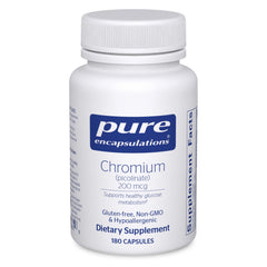 Pure Encapsulations Chromium Picolinate 200 mcg bottle supports metabolism with hypoallergenic formula.