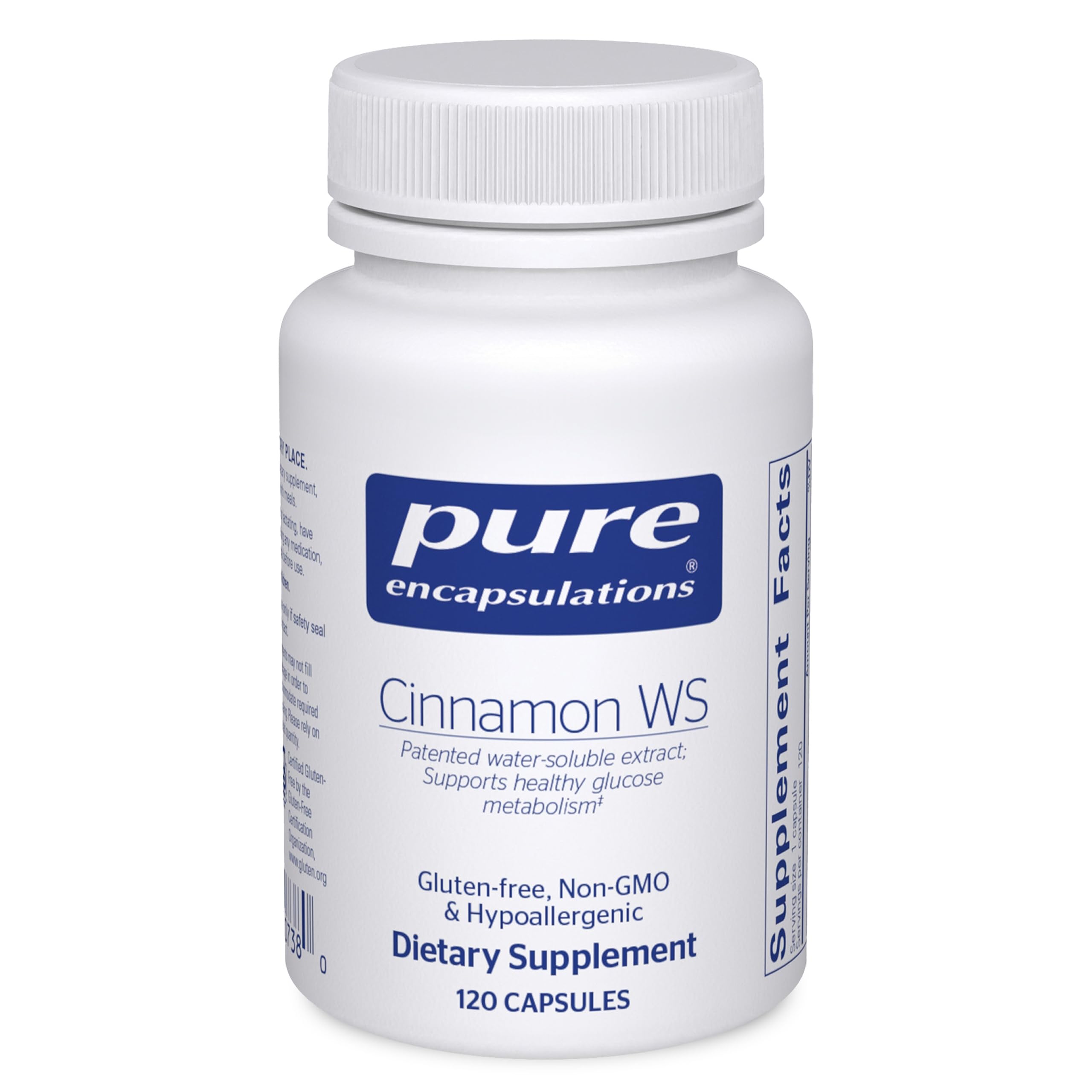Pure Encapsulations Cinnamon WS bottle showing capsules for balanced carbohydrate metabolism support