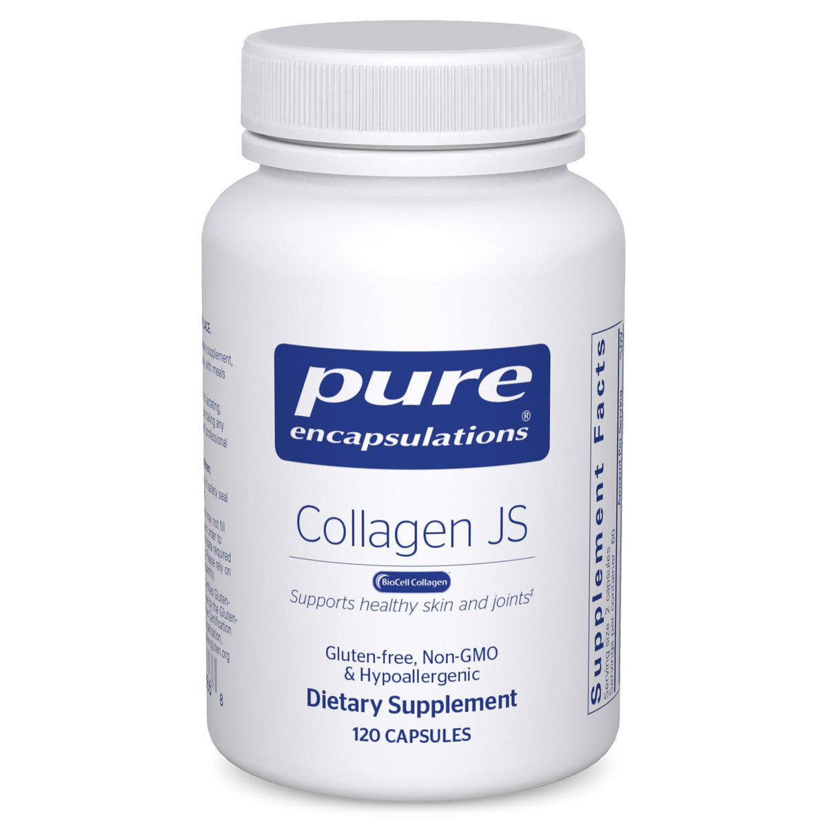 Pure Encapsulations Collagen JS bottle on table showing 1000 mg per serving for joints