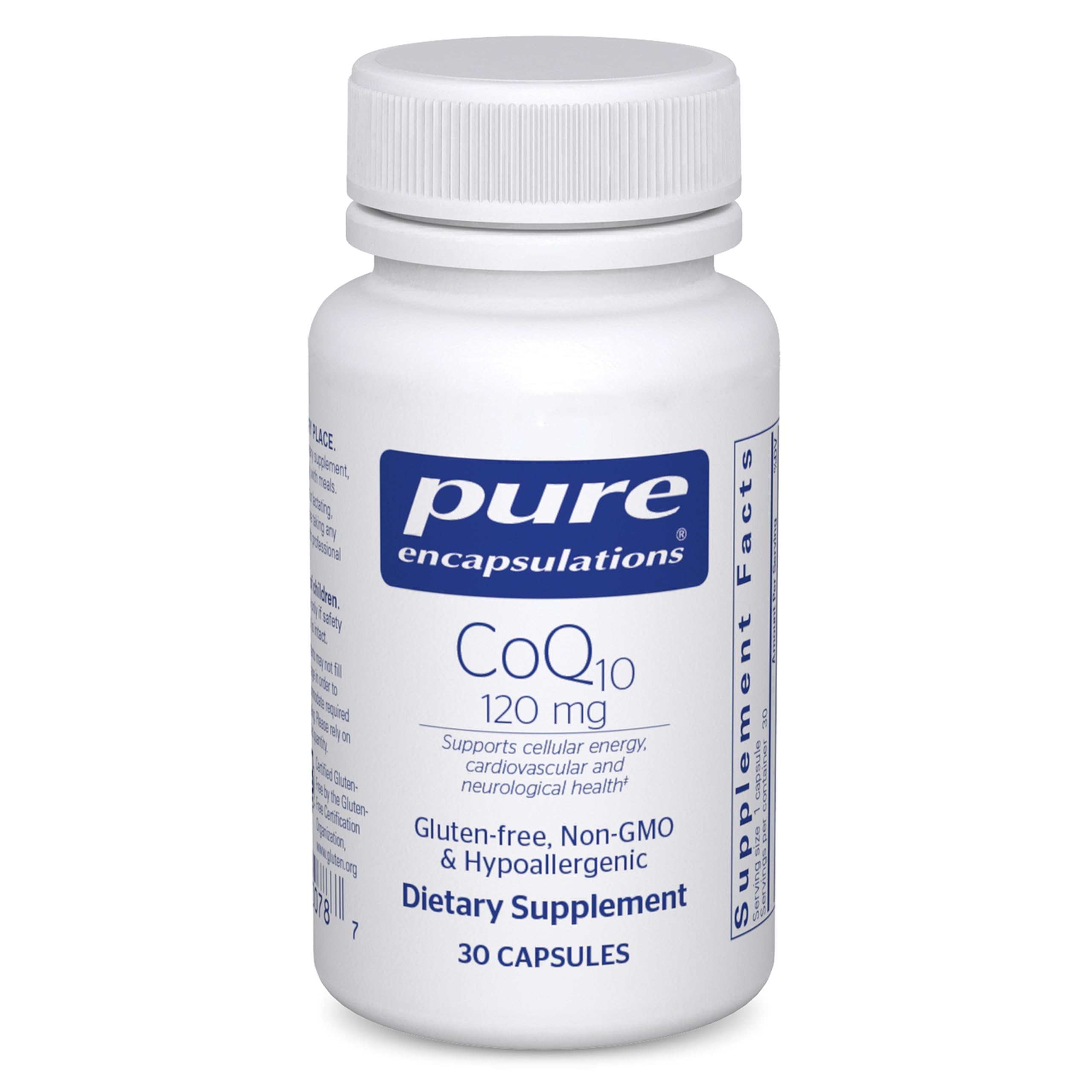 Pure Encapsulations CoQ10 bottle supports daily energy and heart support.