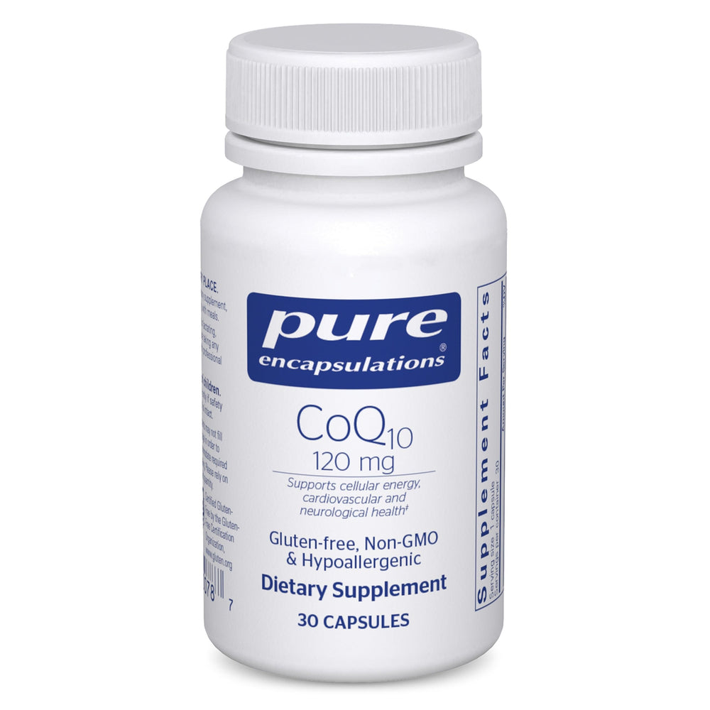 Pure Encapsulations CoQ10 bottle supports daily energy and heart support.