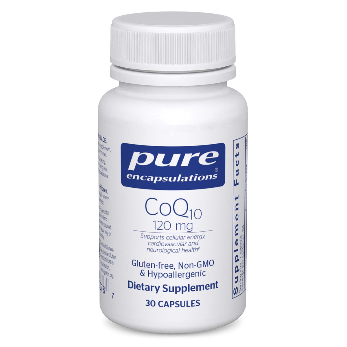Pure Encapsulations CoQ10 bottle supports daily energy and heart support.