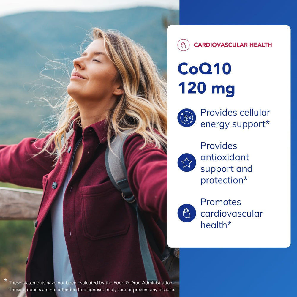 Front label of Pure Encapsulations CoQ10 120 mg highlighting non-GMO and allergen-free formula