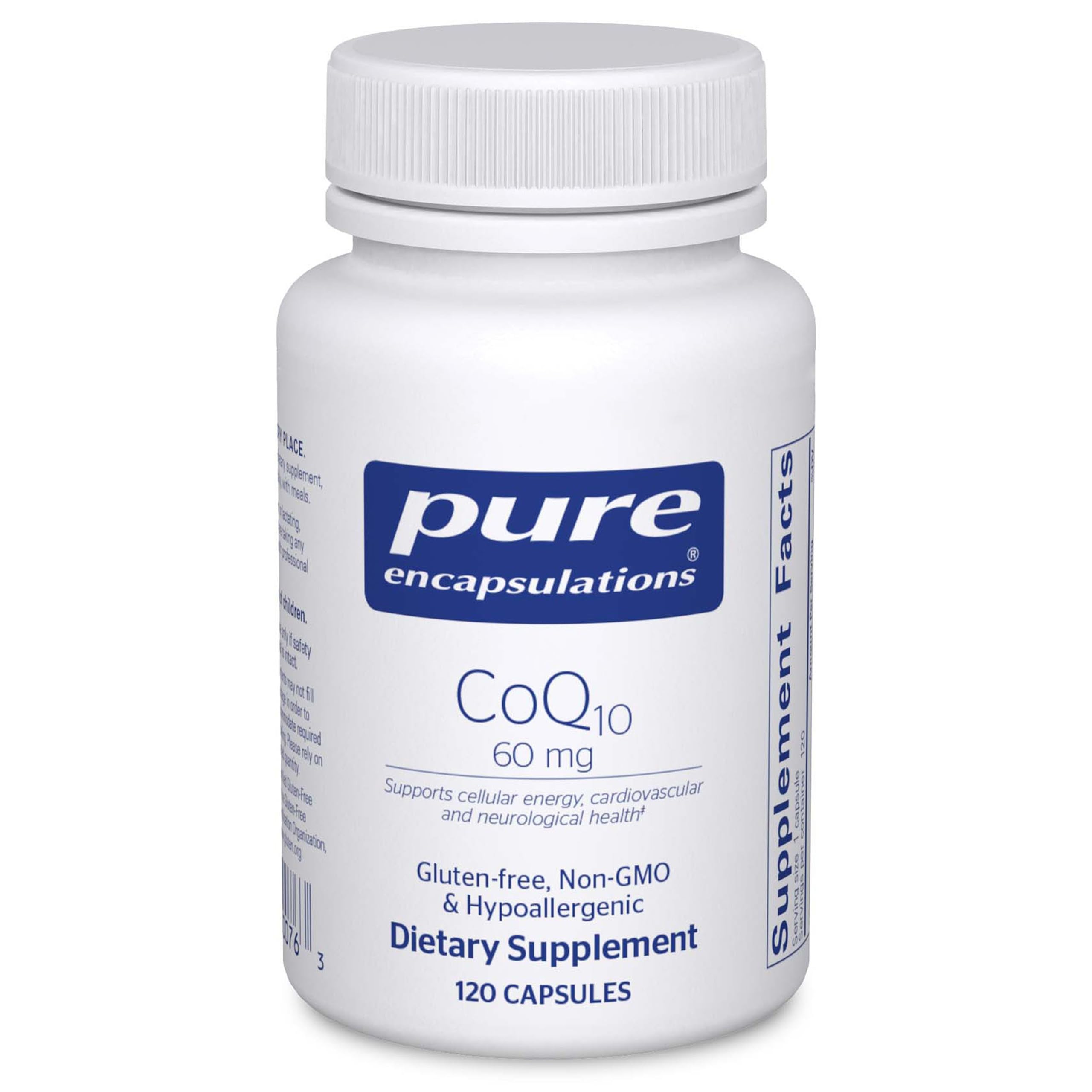 Pure Encapsulations CoQ10 60 mg bottle front, supporting cellular energy.