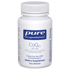 Pure Encapsulations CoQ10 60 mg bottle front, supporting cellular energy.
