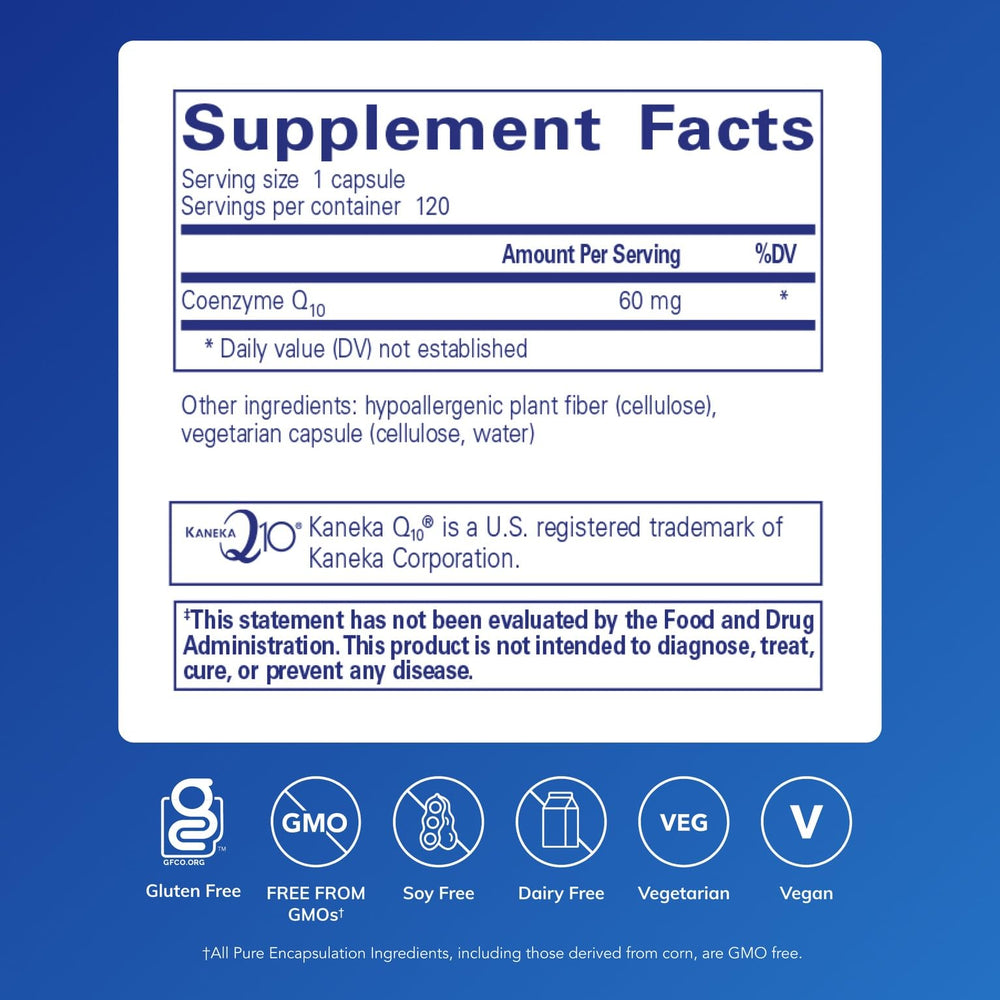 Pure Encapsulations CoQ10 60 mg bottle side, allergen-free formula highlighted.