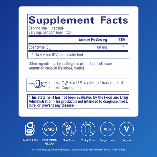Pure Encapsulations CoQ10 60 mg bottle side, allergen-free formula highlighted.