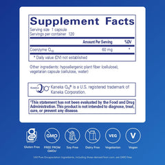 Pure Encapsulations CoQ10 60 mg bottle side, allergen-free formula highlighted.