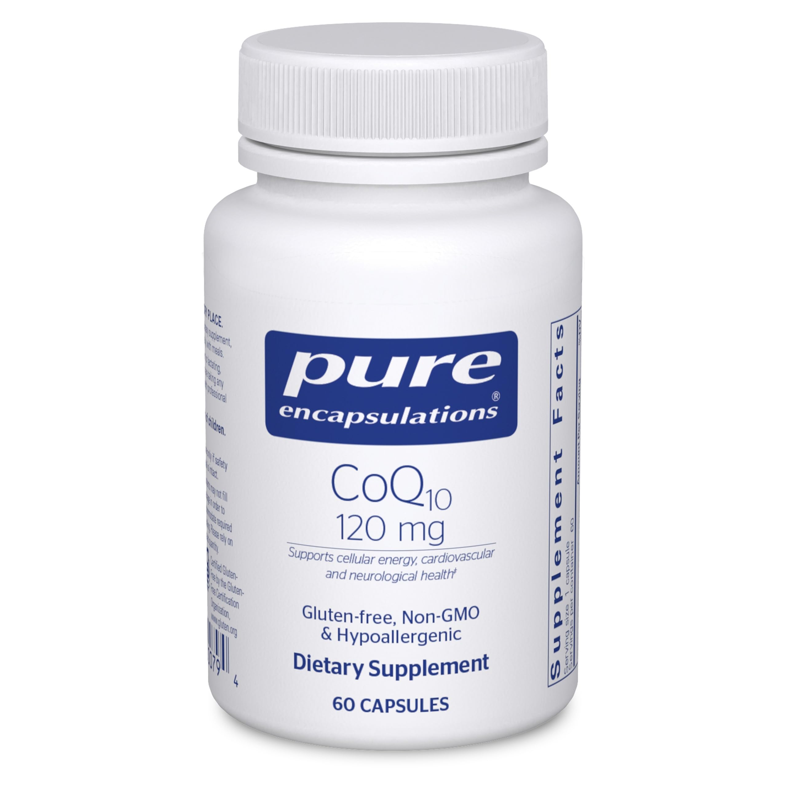Pure Encapsulations CoQ10 bottle with capsules for heart health support.