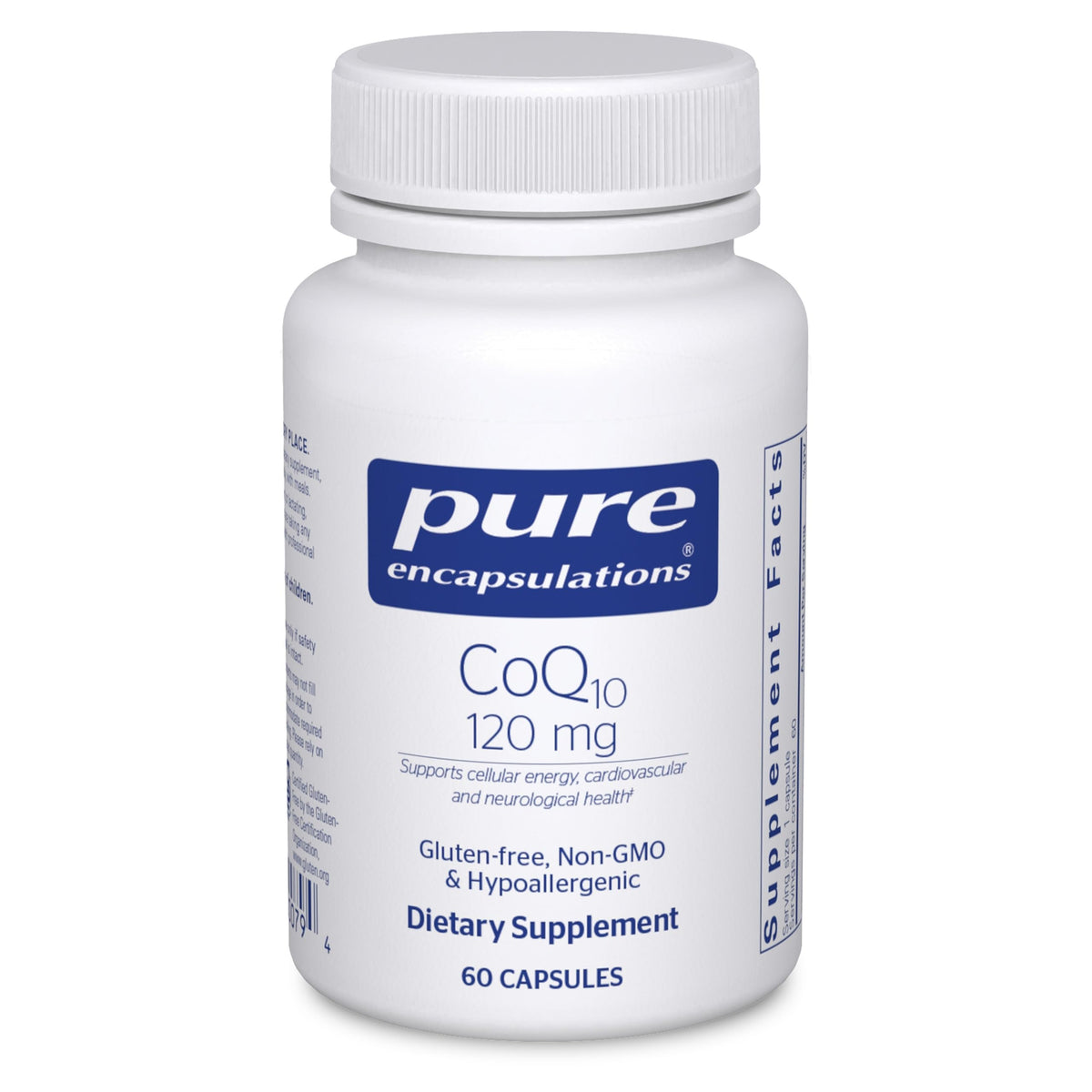 Pure Encapsulations CoQ10 bottle with capsules for heart health support.