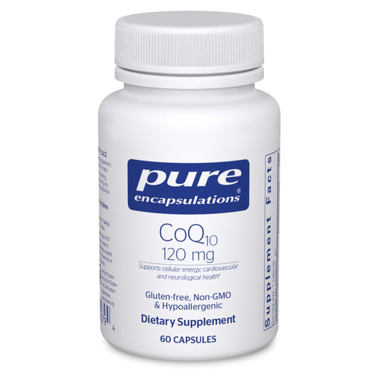 Pure Encapsulations CoQ10 bottle with capsules for heart health support.