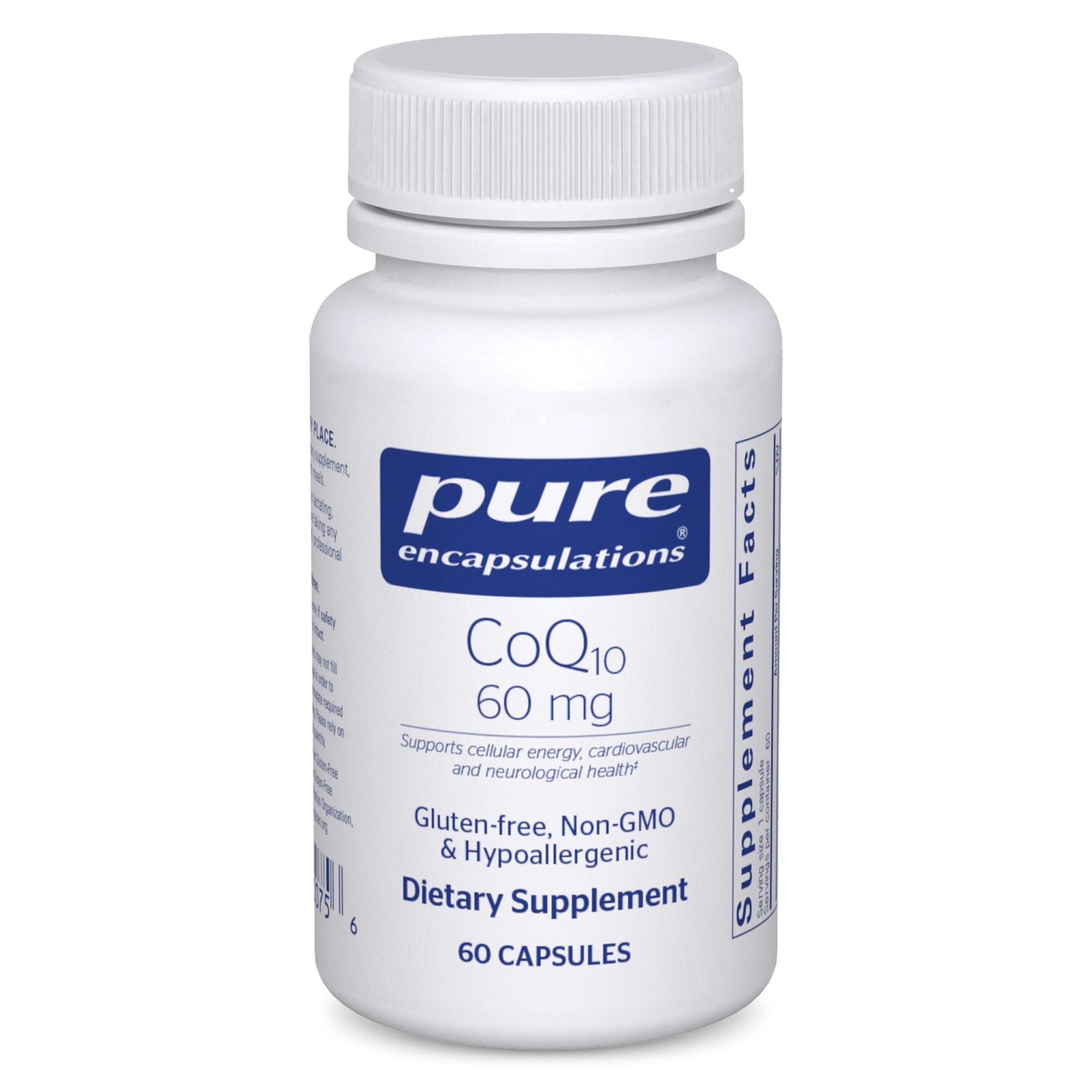 Pure Encapsulations CoQ10 bottle—premium coenzyme Q10 for cellular energy support.