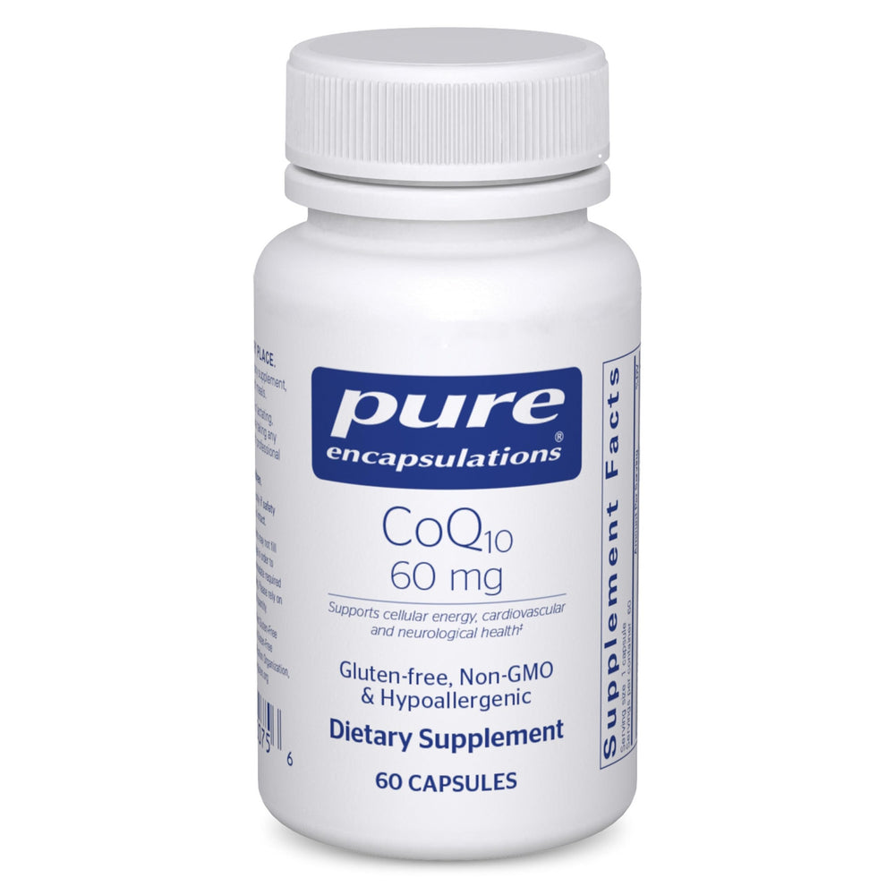 Pure Encapsulations CoQ10 bottle—premium coenzyme Q10 for cellular energy support.
