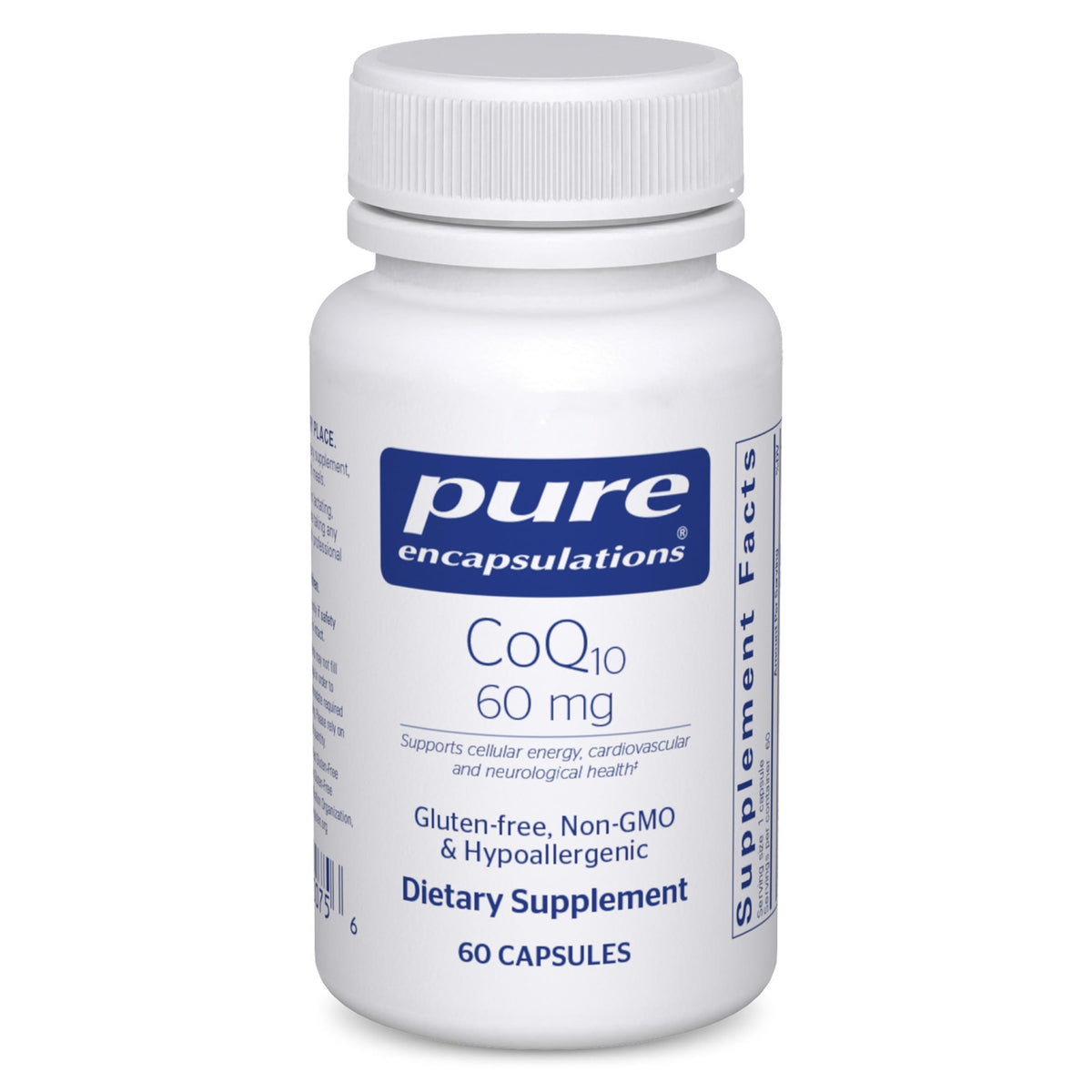 Pure Encapsulations CoQ10 bottle—premium coenzyme Q10 for cellular energy support.