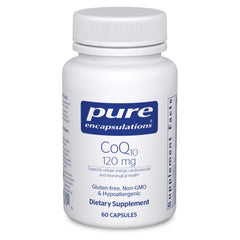 Pure Encapsulations CoQ10 bottle with capsules for heart health support.