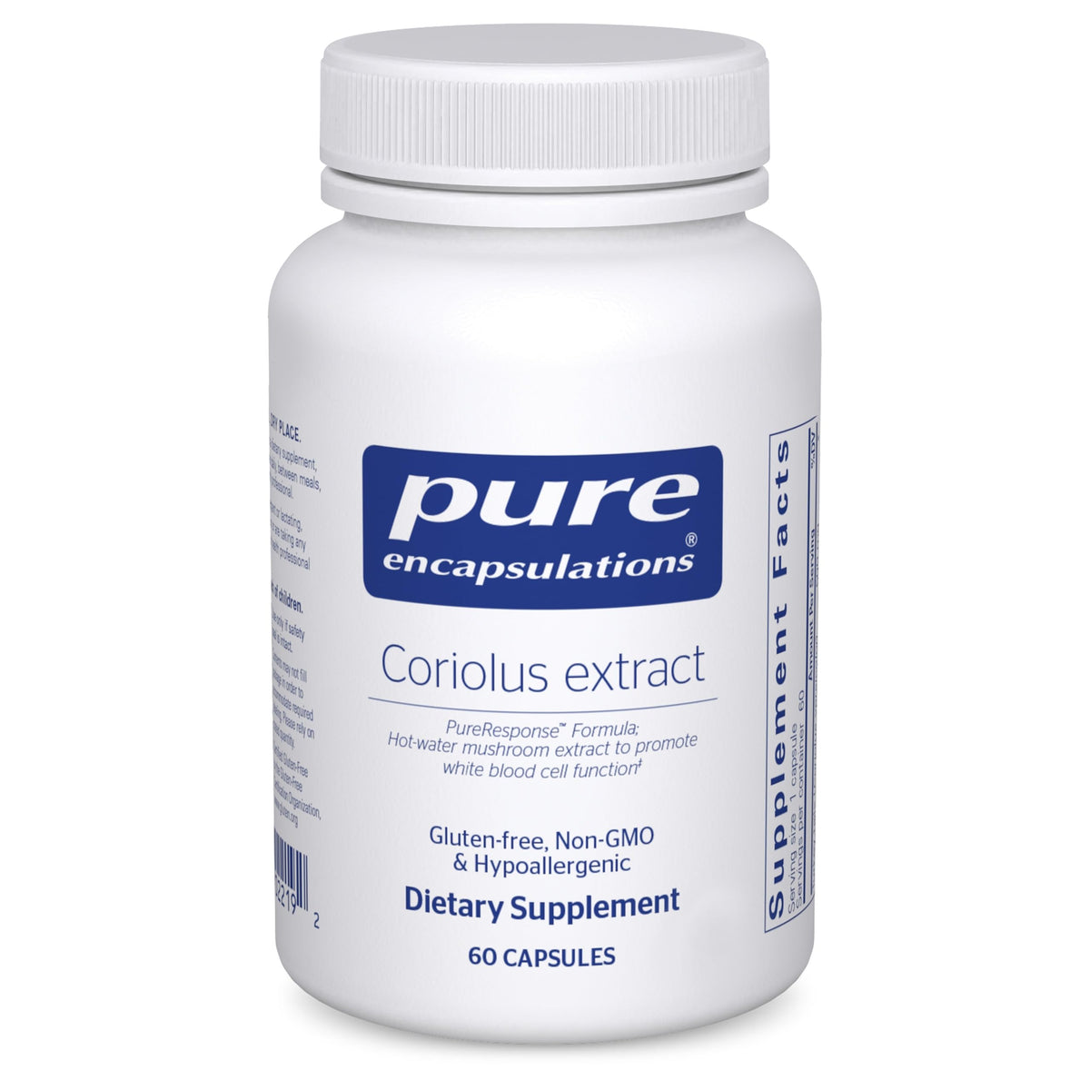 Pure Encapsulations Coriolus extract bottle shows a clean label for trusted wellness.