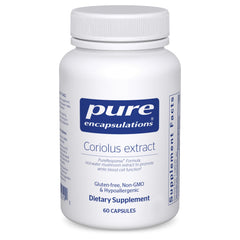 Pure Encapsulations Coriolus extract bottle shows a clean label for trusted wellness.