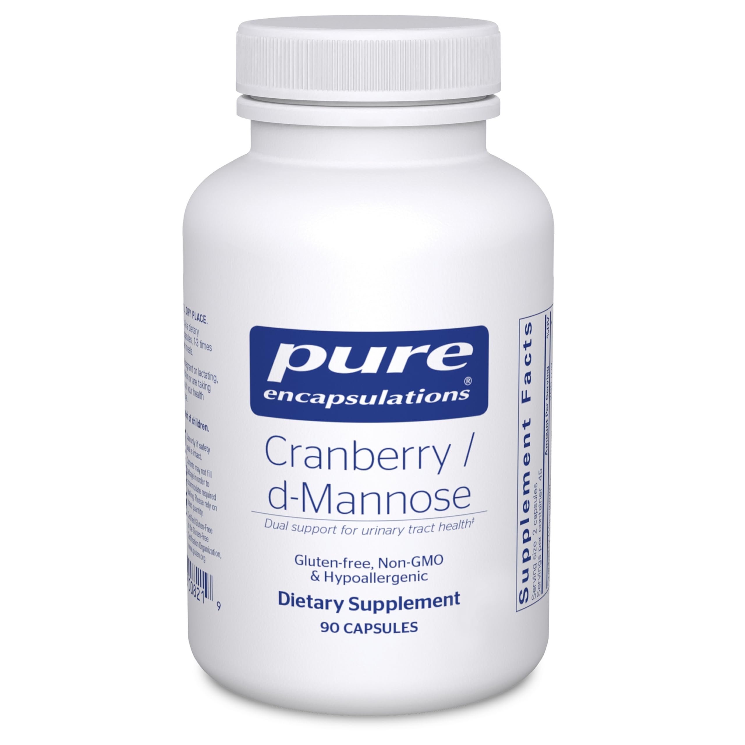 Pure Encapsulations Cranberry D-Mannose bottle on a clean countertop for daily urinary health support.