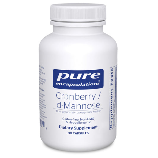 Pure Encapsulations Cranberry D-Mannose bottle on a clean countertop for daily urinary health support.