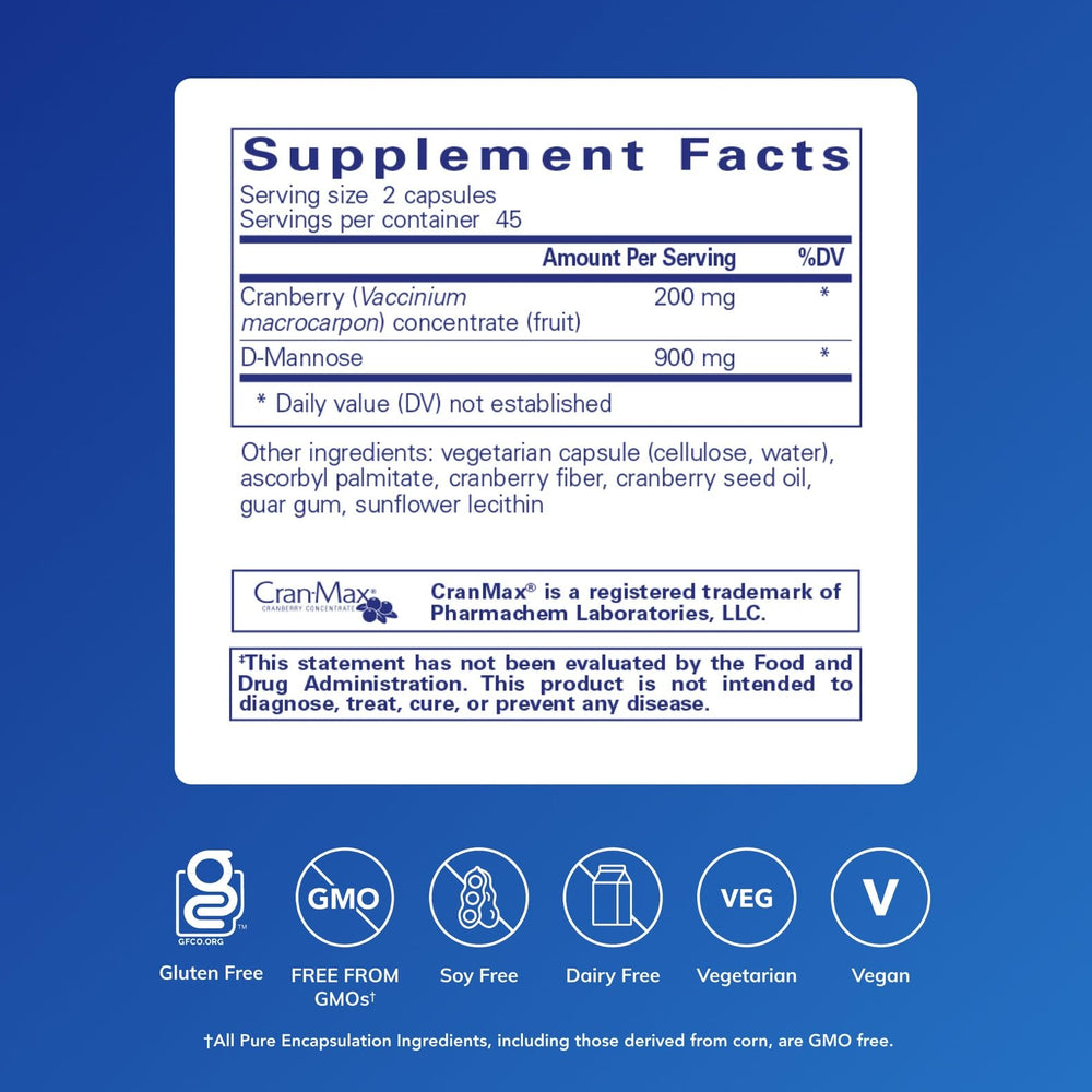 Pure Encapsulations Cranberry D-Mannose capsules ready for daily intake and routine use.