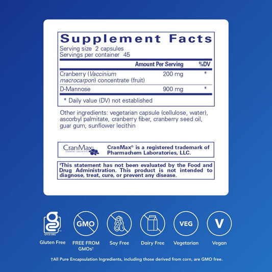 Pure Encapsulations Cranberry D-Mannose capsules ready for daily intake and routine use.