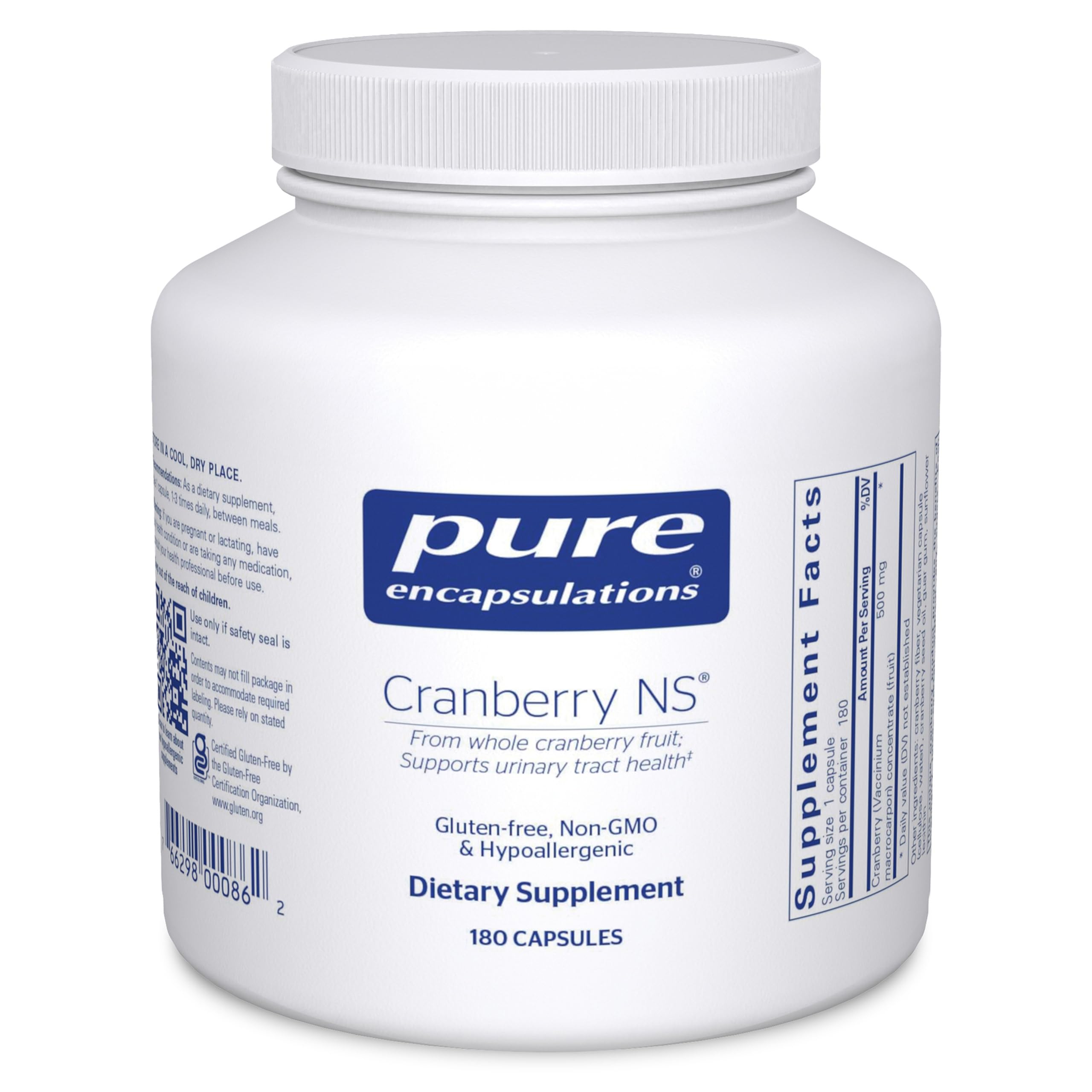 Pure Encapsulations Cranberry NS bottle promotes urinary tract support through a hypoallergenic cranberry extract.