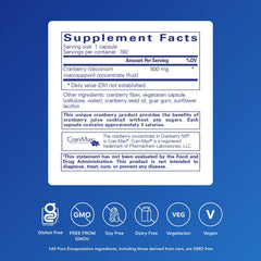 Pure Encapsulations Cranberry NS label highlights whole cranberry solids and purity commitments.