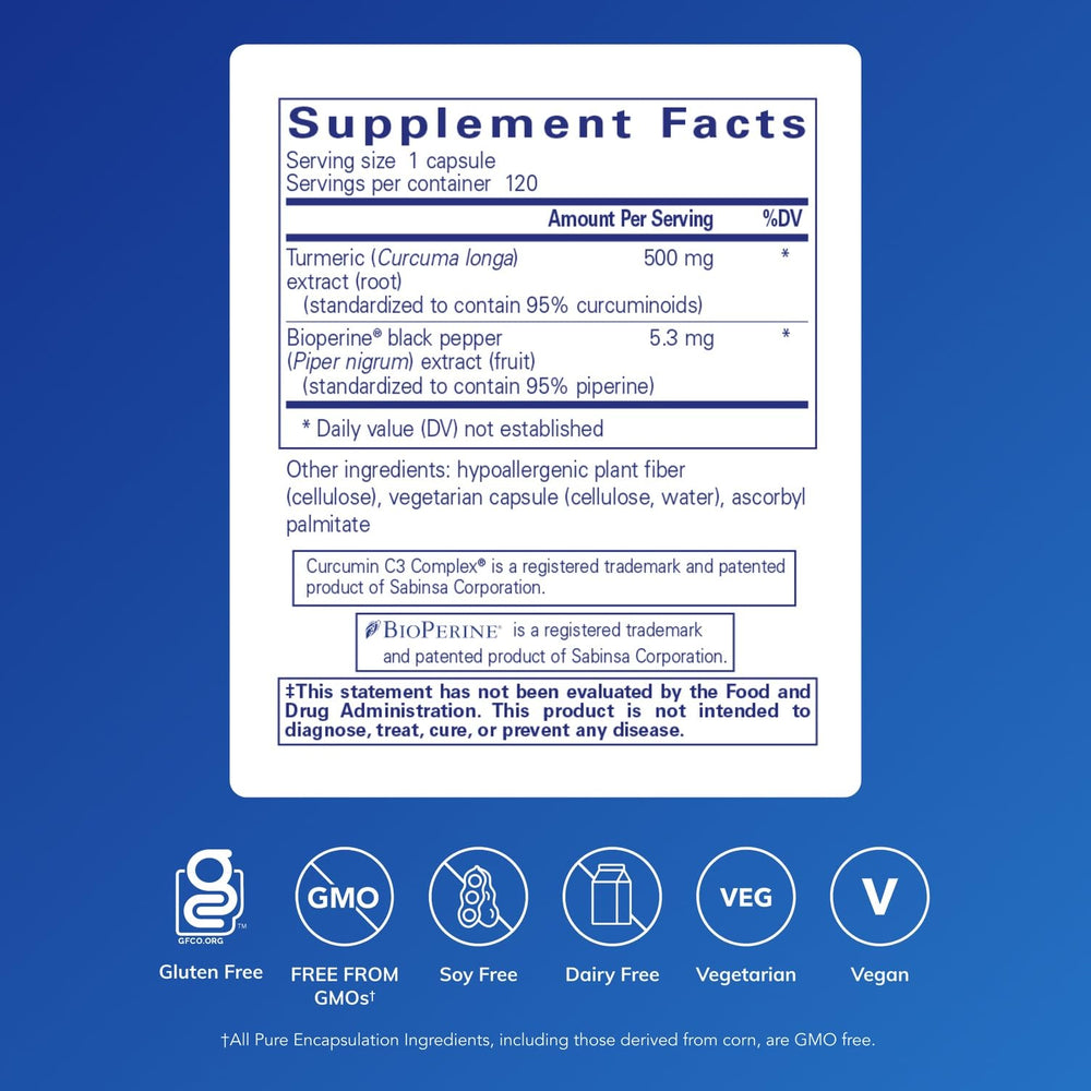 Pure Encapsulations Curcumin 500 label detail highlights ingredients and allergen-free formulation.