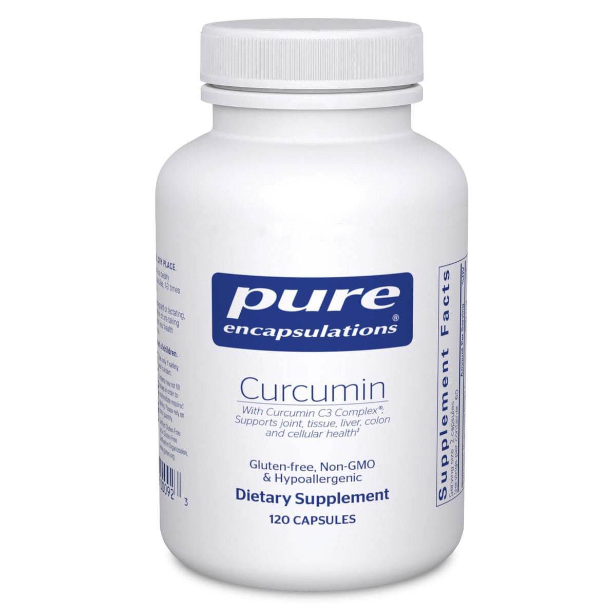 Pure Encapsulations Curcumin 500mg bottle front showing vegan non-GMO formula for joint and liver support