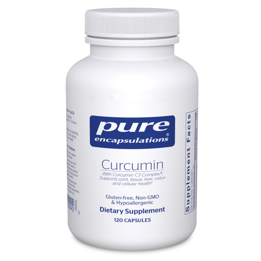 Pure Encapsulations Curcumin 500mg bottle front showing vegan non-GMO formula for joint and liver support